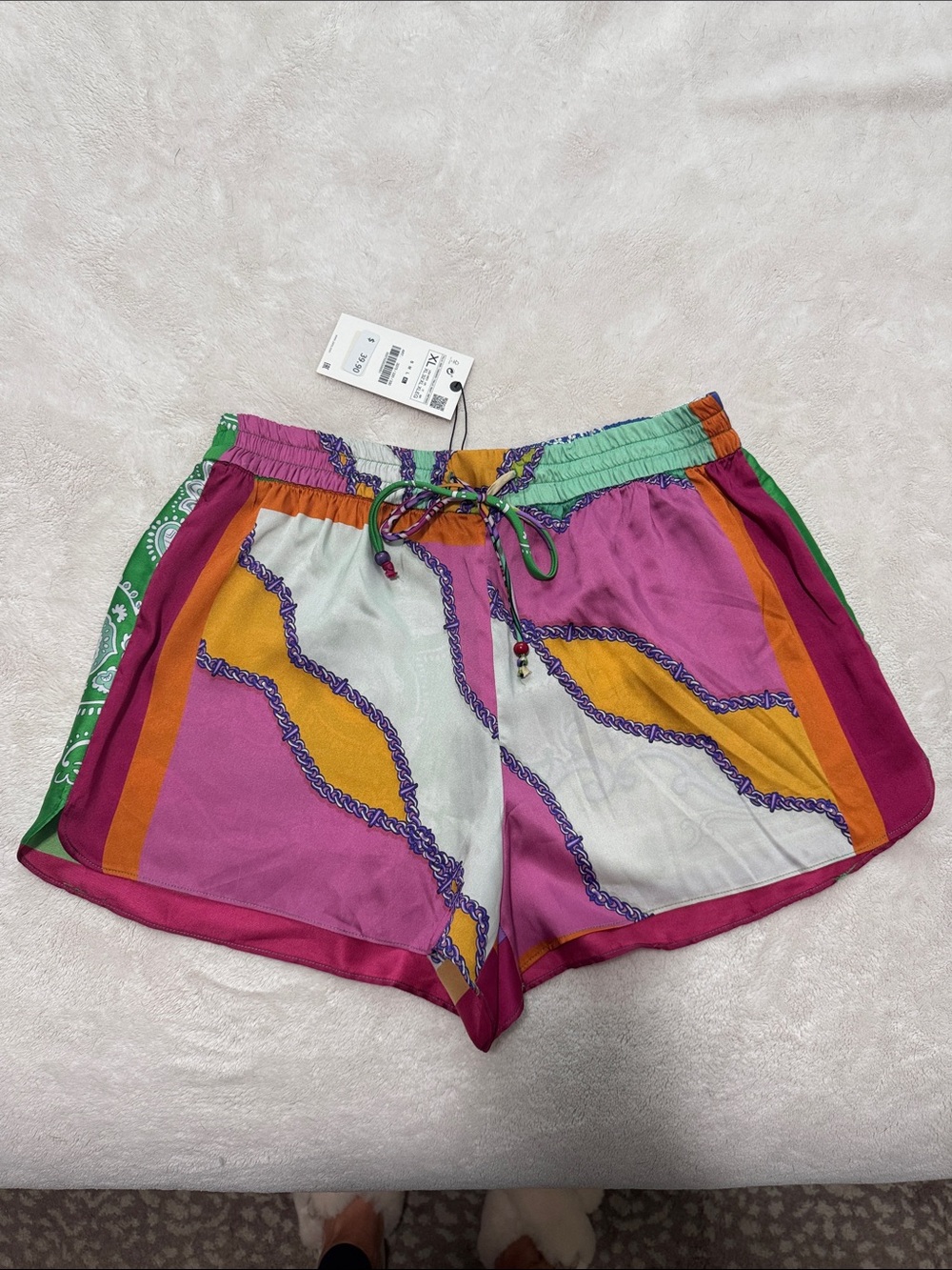 Zara Multicolor Patterned Drawstring Shorts - Pink/Yellow/Green